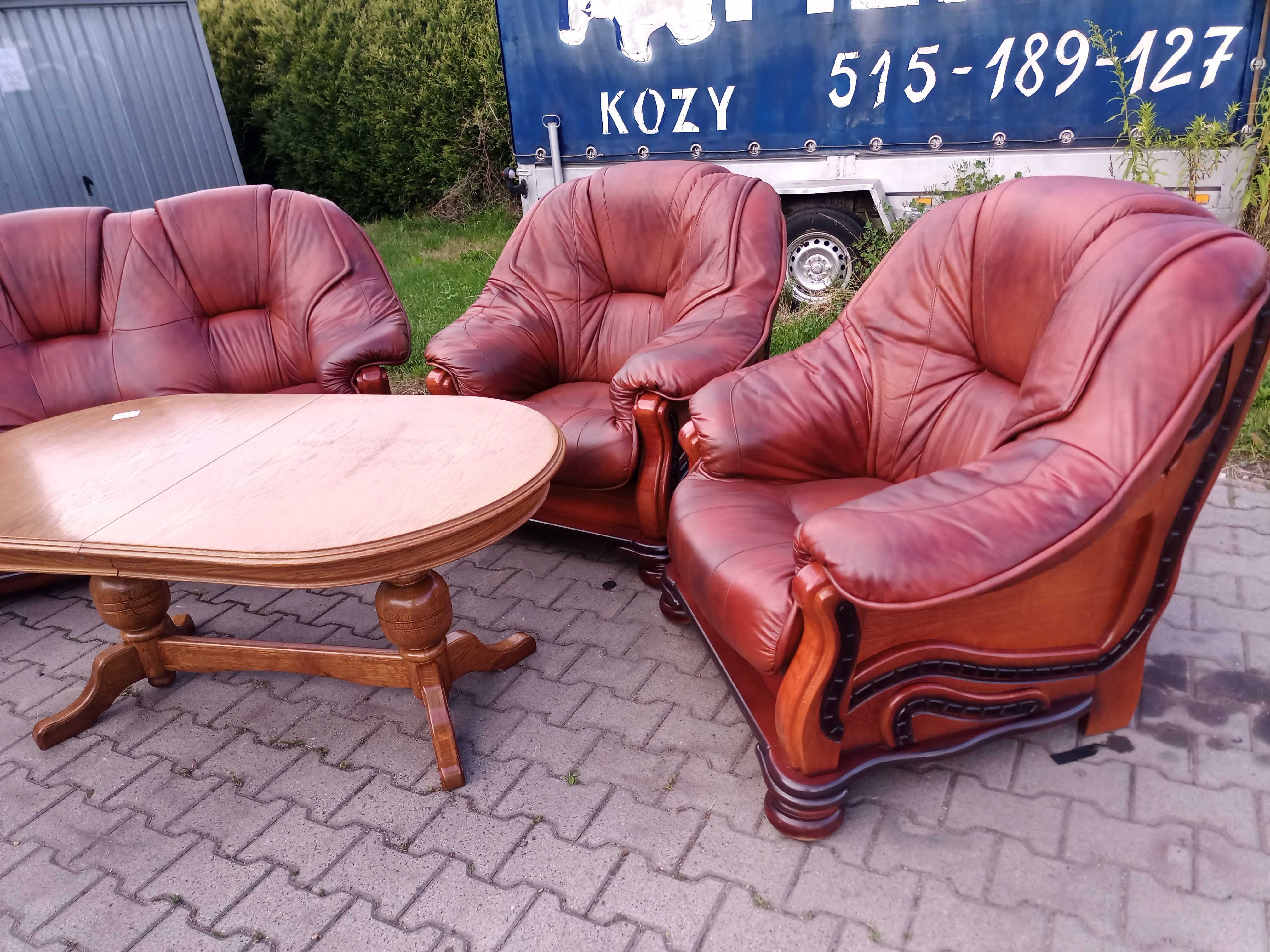 Komplet Rozkładany  SUNNY  3+1+1 i Ława , Dąb - Skóra Brąz