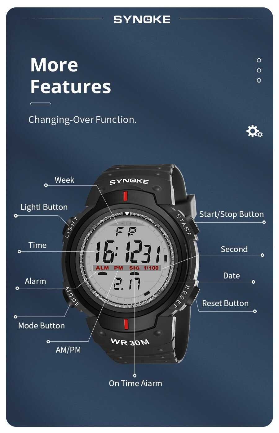 Sportowy Zegarek męski Synoke elektroniczny cyfrowy LED alarm stoper