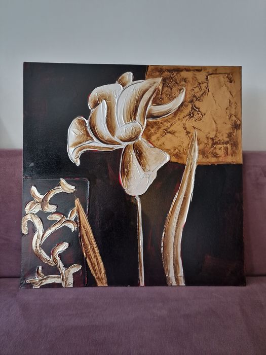 4 obrazy czarne czerwone kwiaty 3D srebrne duże wyjatkowe