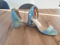 Lakierowane, błękitne sandały na słupku, Sheln, rozmiar 41