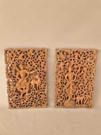 Conjunto de duas talhas tailandesas esculpidas em madeira