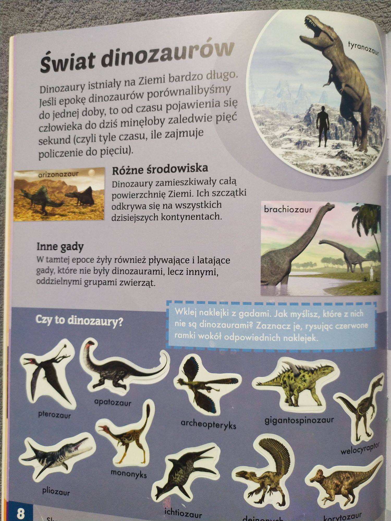 Dinozaury książka dla dzieci naklejki ciekawostki łamigłówki