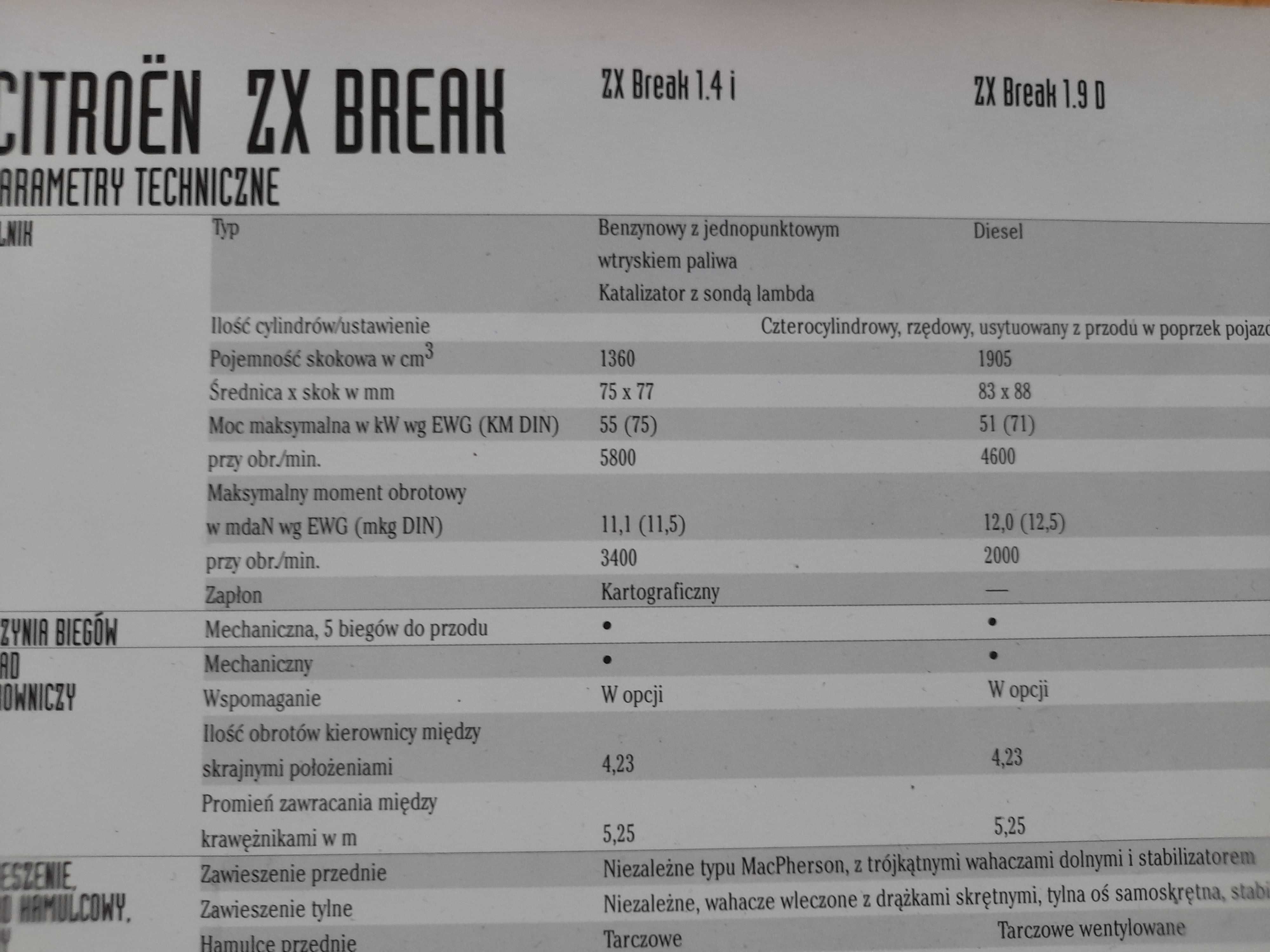 CITROEN ZX Break, kombi 1.4i, 1.9D, 1.9 Turbo D prospekt polski