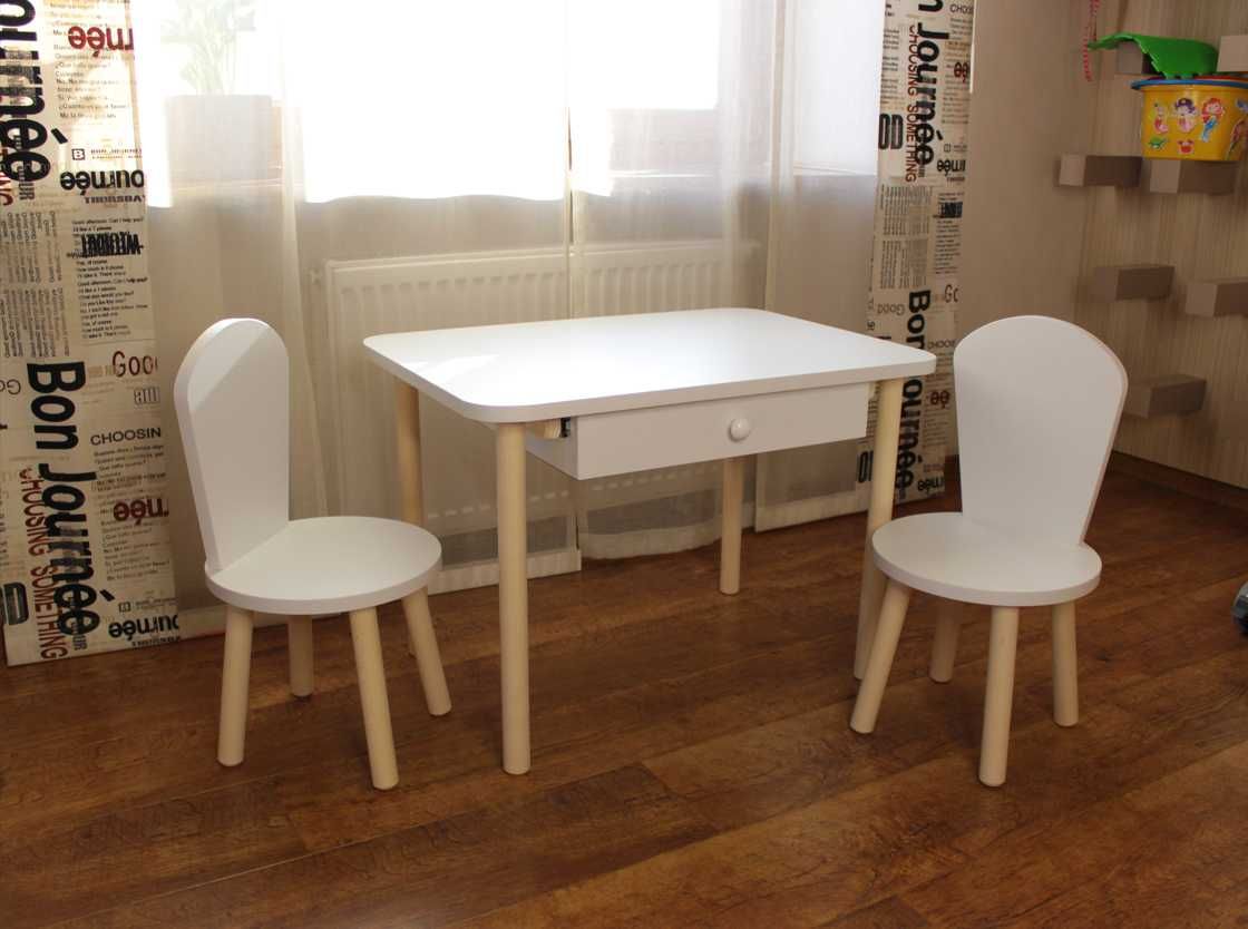 Столик дитячий стільчики круглі дерев'яні стіл з шухлядою новий білий