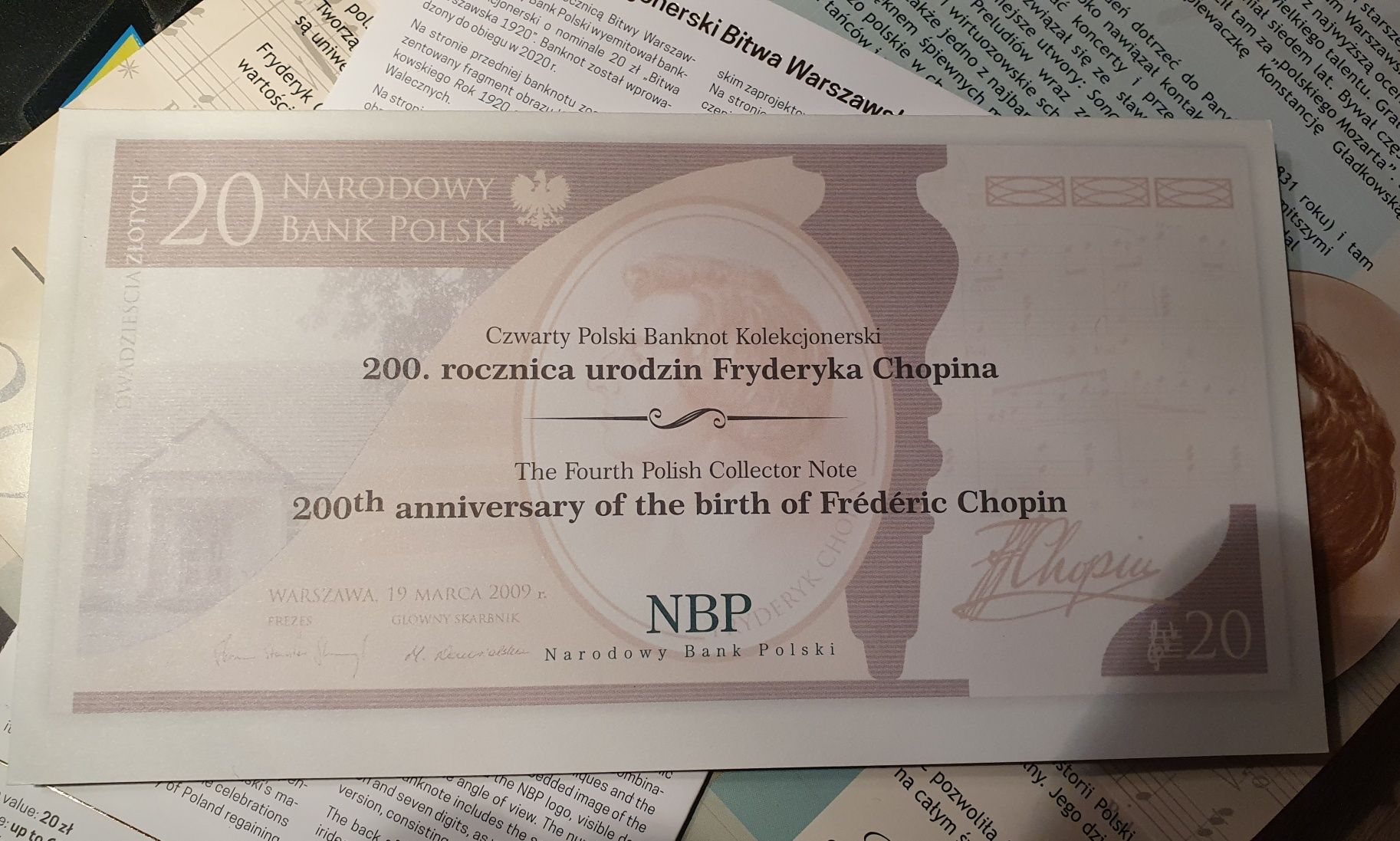 Banknot kolekcjonerski 20 zł Bitwa i Chopin NISKI