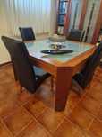 Conjunto de mesa de jantar em madeira com tampo de vidro + 4 cadeiras
