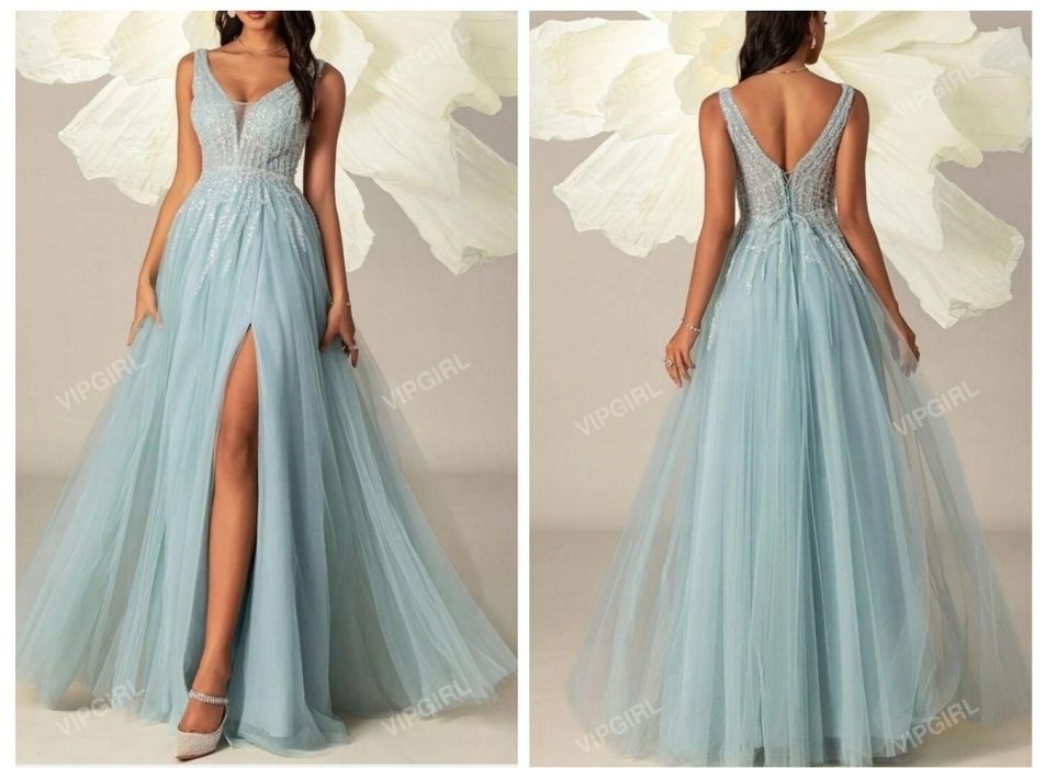 Błękitna sukienka tiulowa maxi, zdobiona, gorsetowa, wesele,  bal, S-M