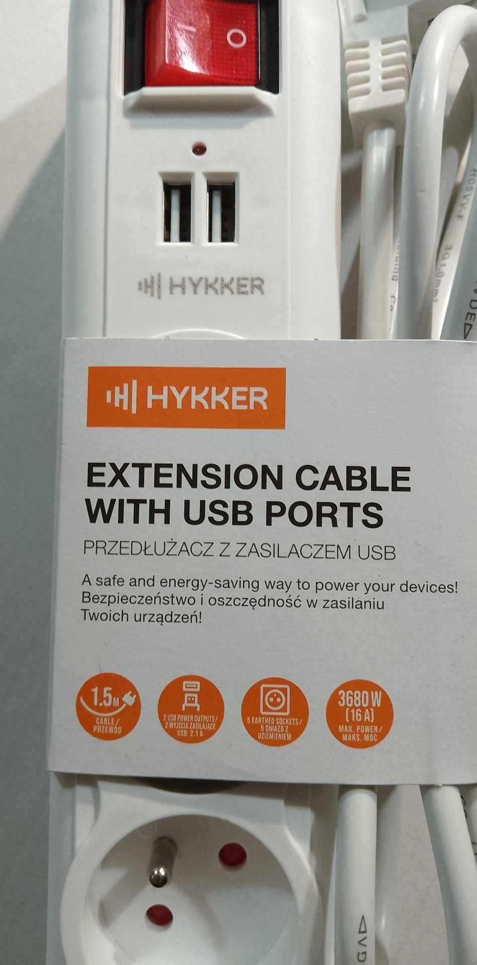 Przedłużacz z zasilaczem USB Hykker 1,5 m 5 gniazd z uziemieniem