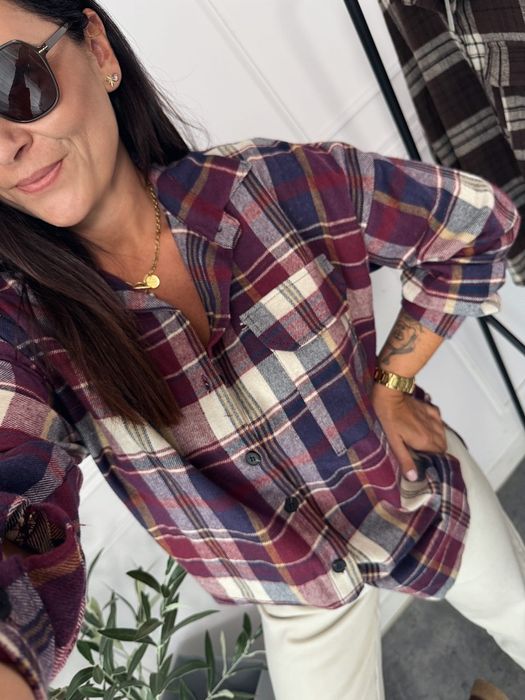 Koszula w kratę beżowa bordo flanelowa jesien Varlesca chicaca S M L X
