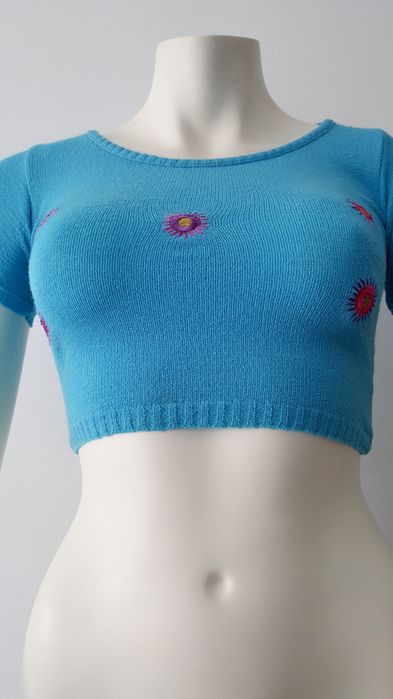 Crop Top em Malha de Linha com Bordados made in Italy