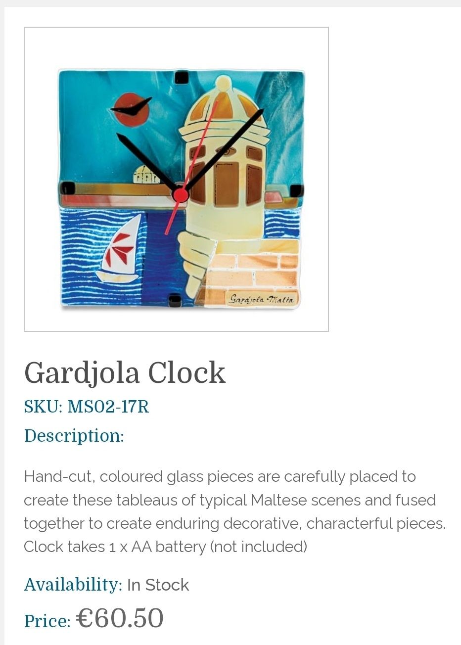 Годинник з мальтійського скла  "Gardjola Clock " / MDINA GLASS MALTA