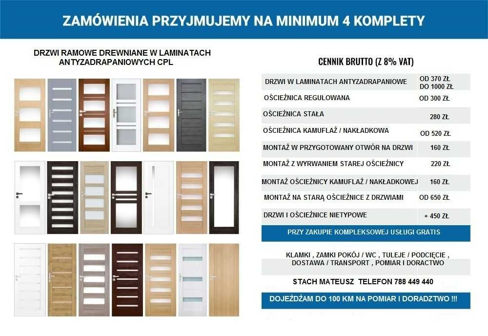 Drzwi Wewnętrzne w LAMINATACH Cpl z Ościeżnicą Regulowaną !!!