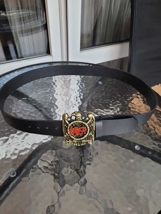 Czarny męski skórzany pasek ręcznie robiony z klamrą  Slayer 140 cm