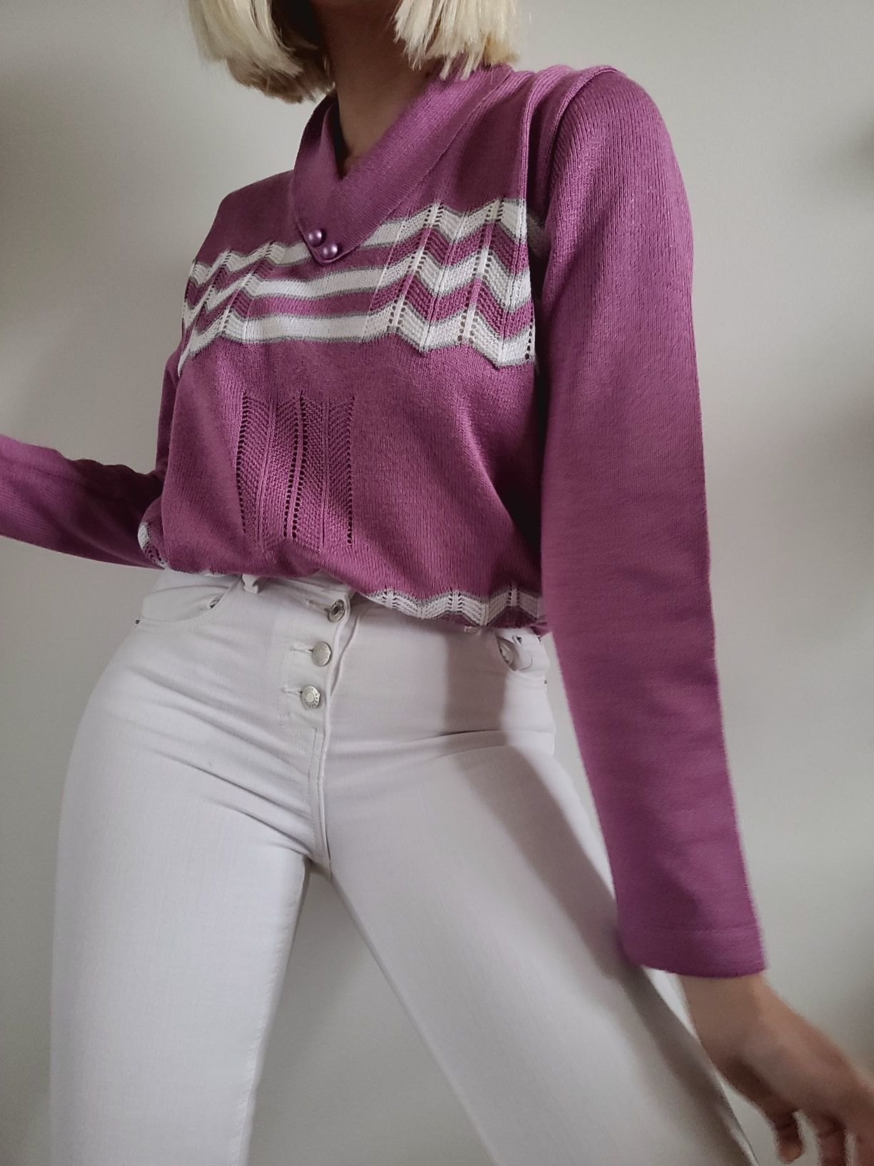 Liliowy sweter z kołnierzykiem oversize unikat vintage