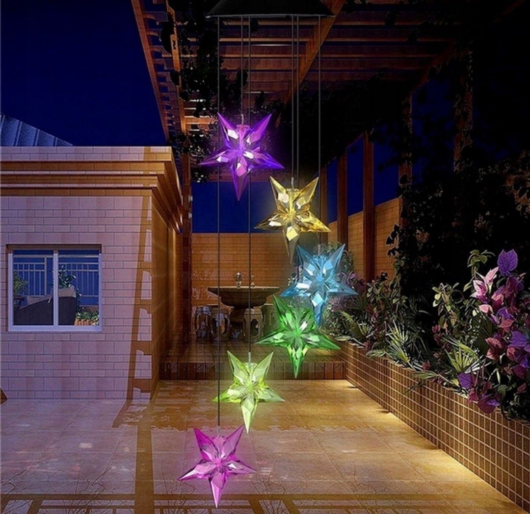Lampki solarne LED girlanda ogrodowa dzwonki wietrzne gwiazdki RGB