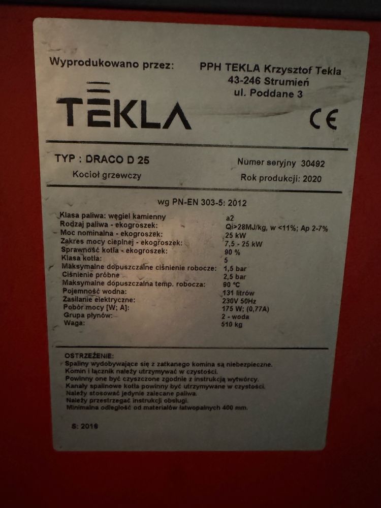 Kocioł piec na ekogroszek 5 klasy Tekla Draco 25 Kw