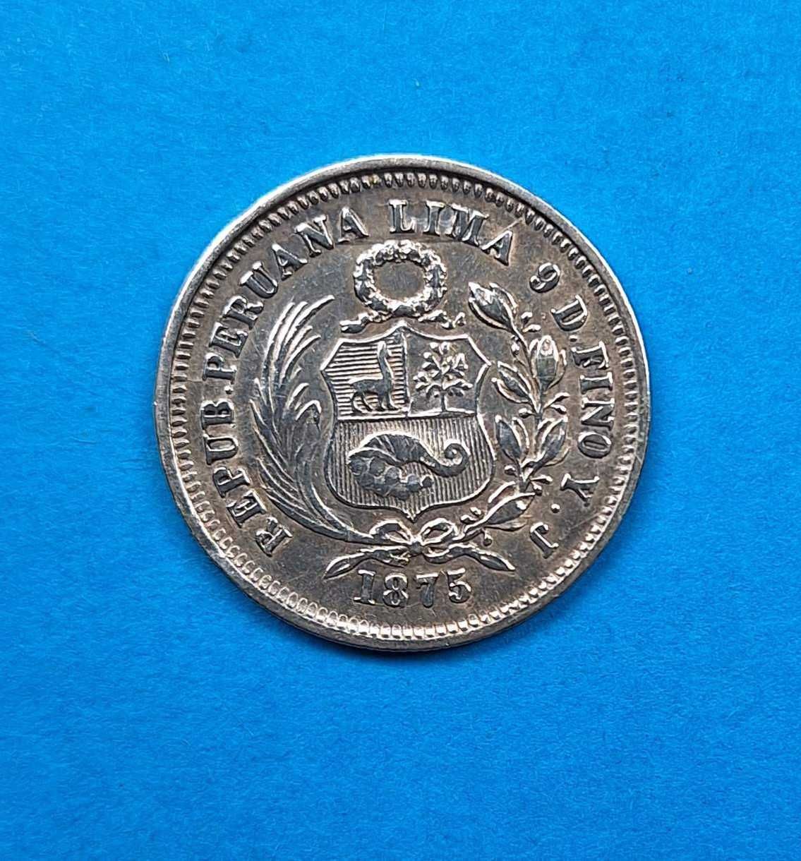 Peru 1/5 sola rok 1875, dobry stan, srebro 0,900
