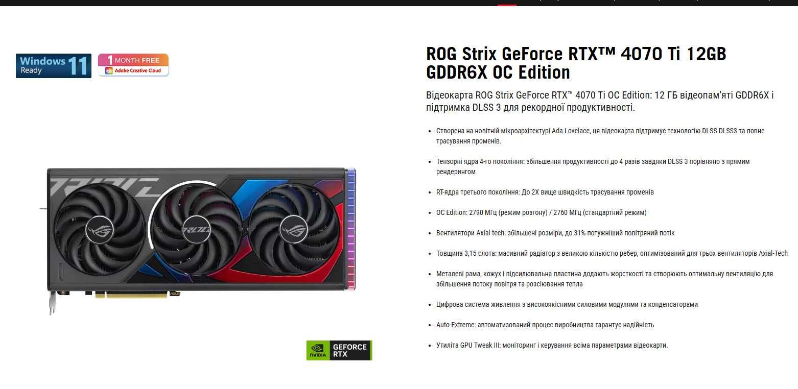 Видеокарта NVIDIA RTX 4070Ti ASUS ROG STRIX O12G  (OC Edition)