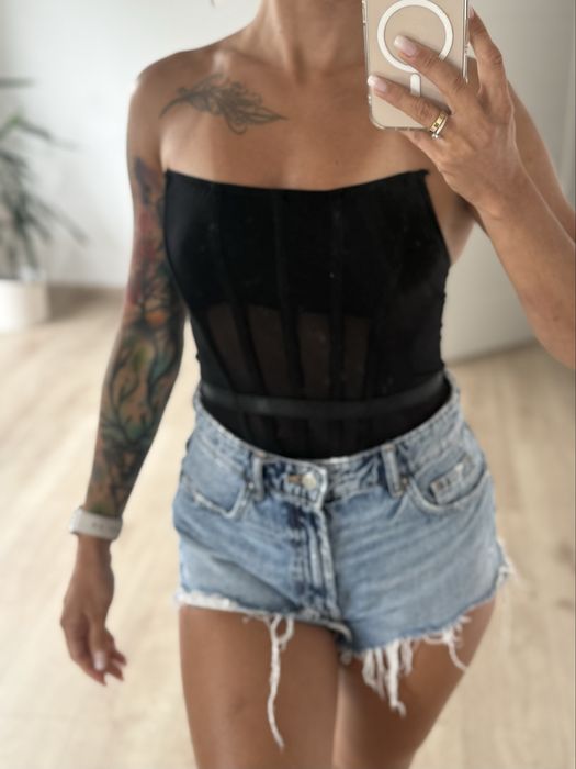 Nowe czarne body gorset bez ramiączek z siateczką – rozmiar S