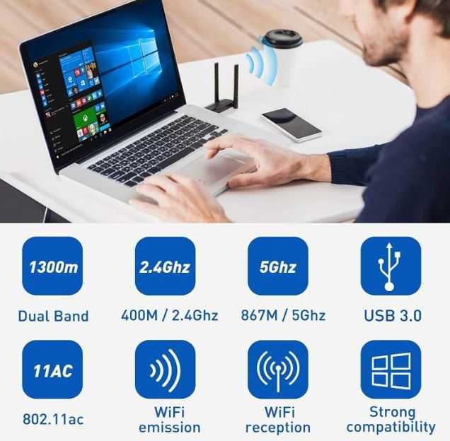 Karta sieciowa adapter Wi-Fi AC1300Mbps USB 3.0 5dBi 2,4 GHz/5,8 GHz