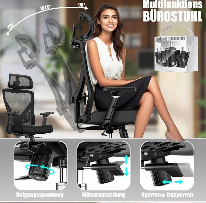 Ergonomiczne krzesło biurowe z regulowanymi podłokietnikami
