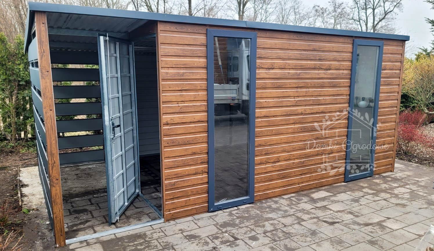 SCHOWEK DOMEK OGRODOWY 4,5x2,5 m wiata 1,5x2,5 spad tył  antracytID535