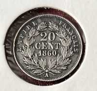 Moeda rara em prata de 20 cêntimos de França 1860