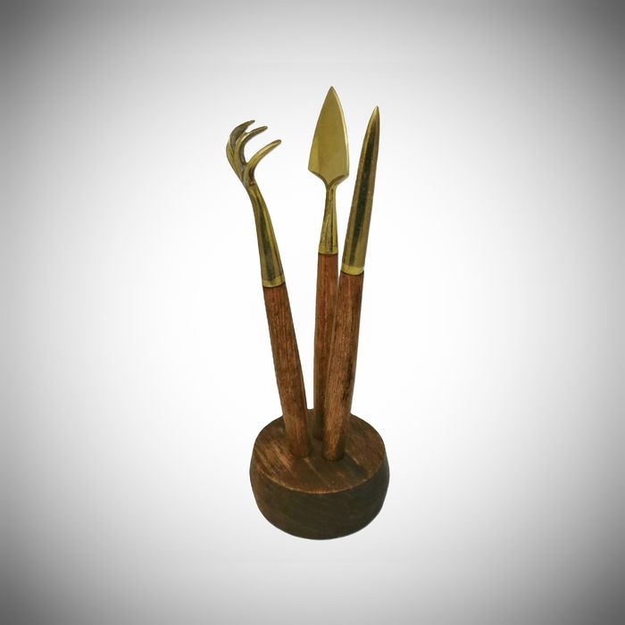 Duński zestaw narzędzi ogrodniczych do bonsai - vintage teak i mosiądz