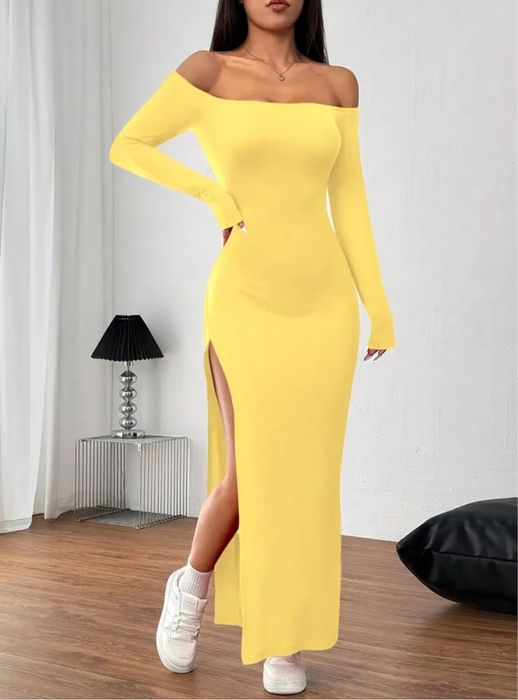 Жовте довге плаття  з вирізом на нозі
