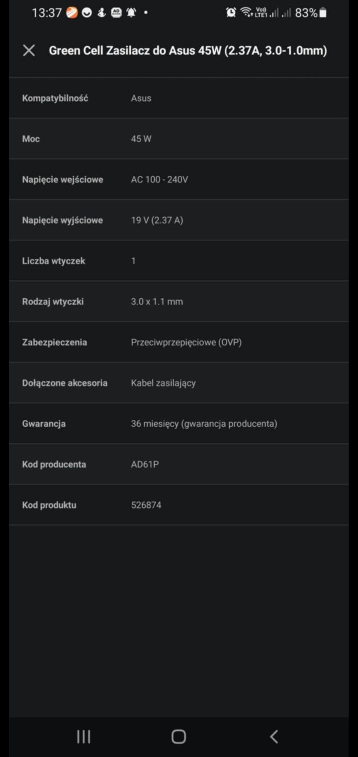 Zasilacz do Asus 45W (2.37A, 3.0-1.0mm) do nowych  MODELI