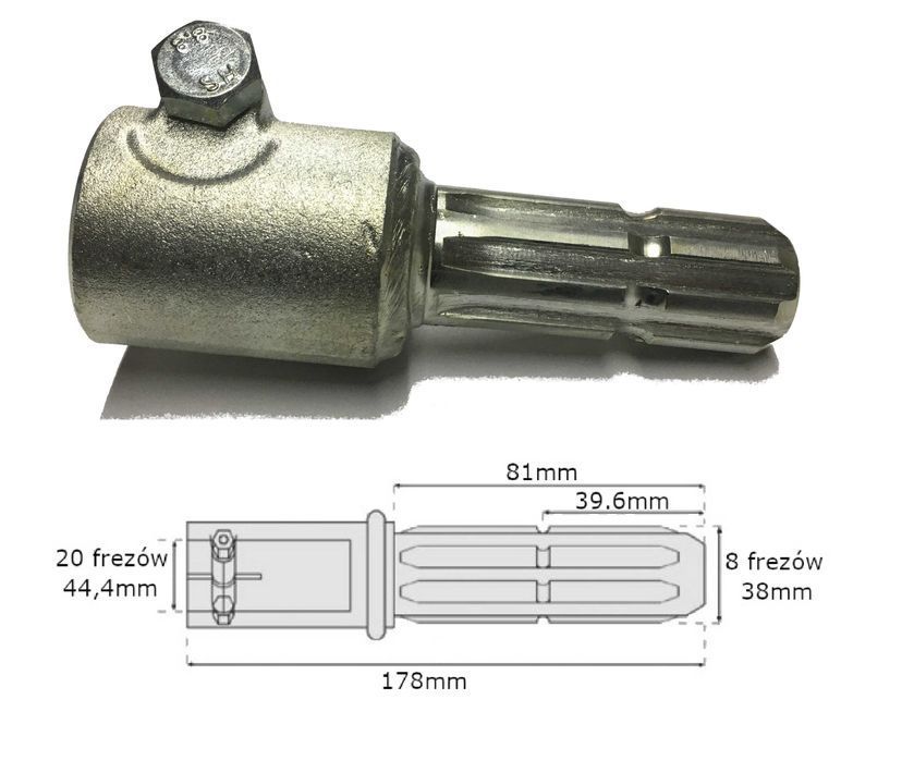 Adapter redukcja wałka WOM 20 frezów 44,4mm / 8 frezów 38mm