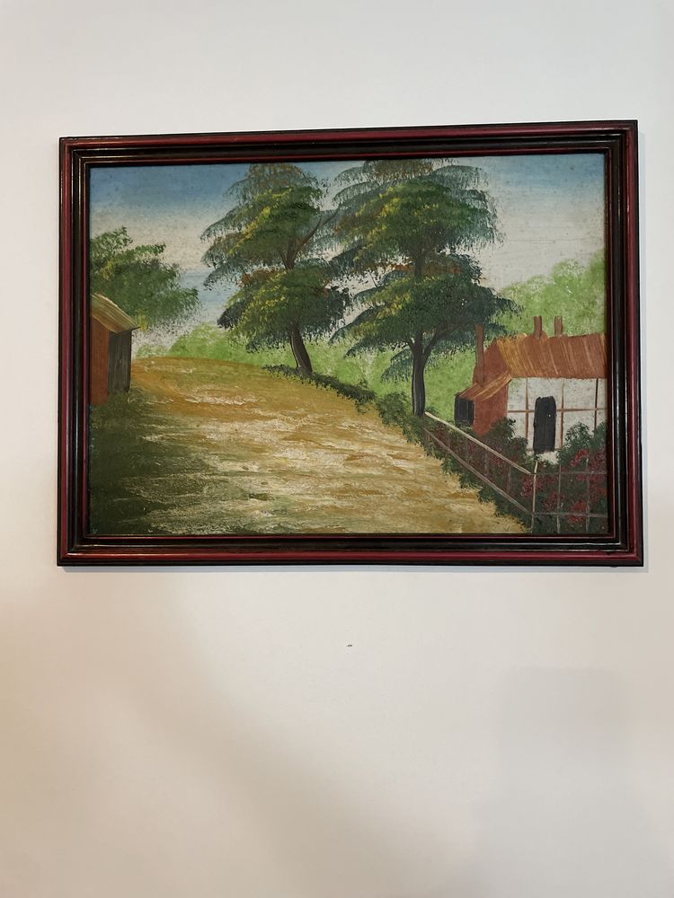 Quadro com aguarela de paisagem do campo