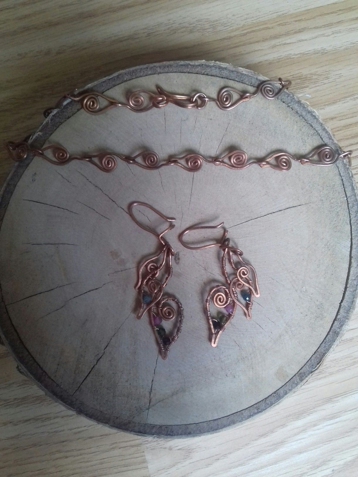Biżuteria z drutu miedzianego kolczyki i łańcuszek, wirewrapping