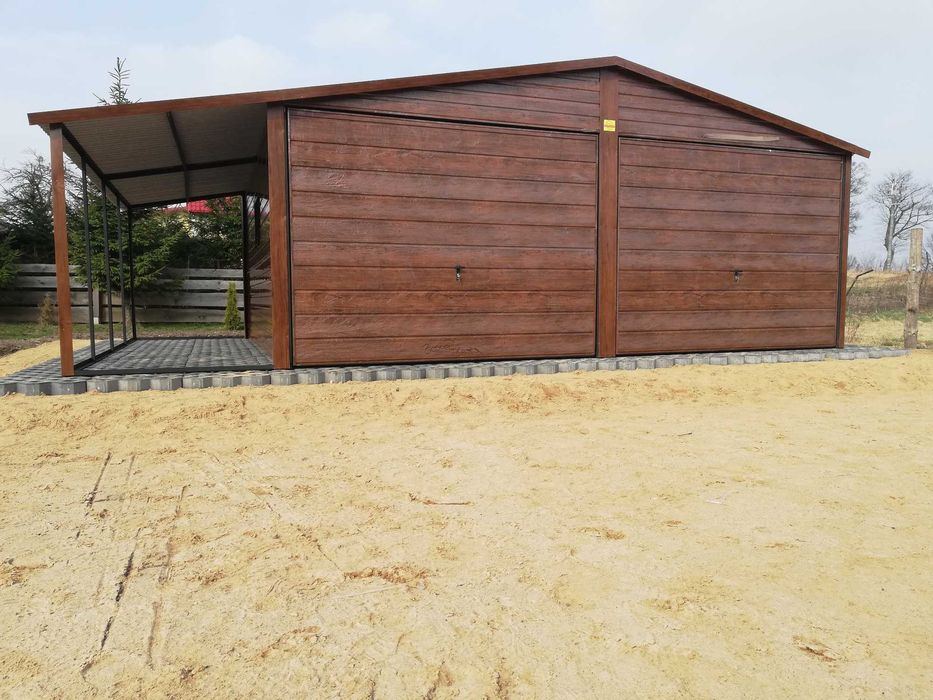 Garaż blaszany 6x5,80 plus 2m wiaty drewnopodobny złoty dąb,orzech