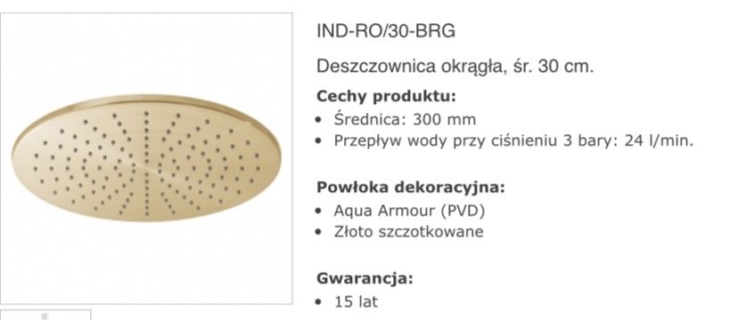 Deszczownica Vado Individual 30cm złoto szczotkowane gwarancja
