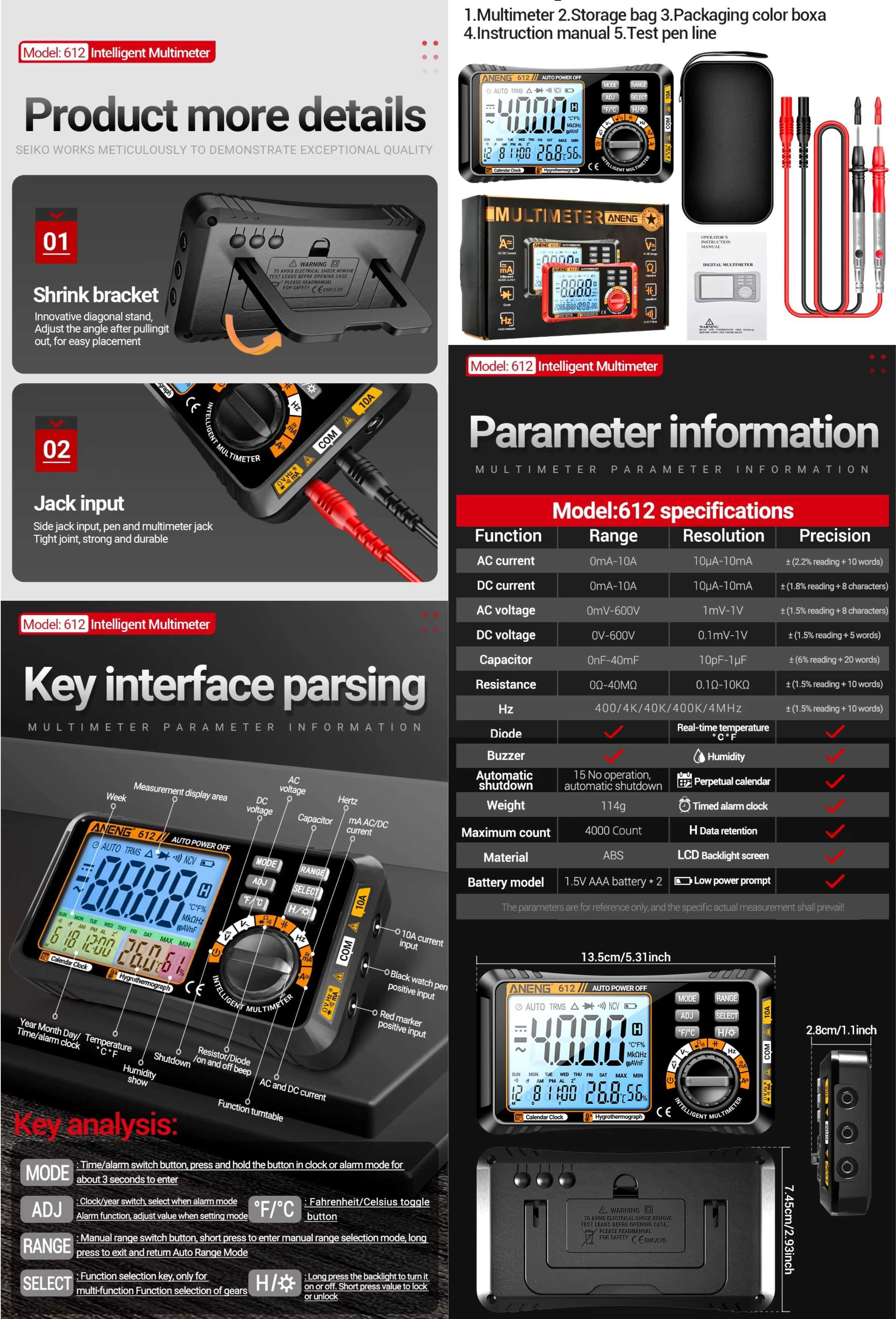 ANENG 612 613 Pro Smart мультиметр тестер AC/DC температура влажность