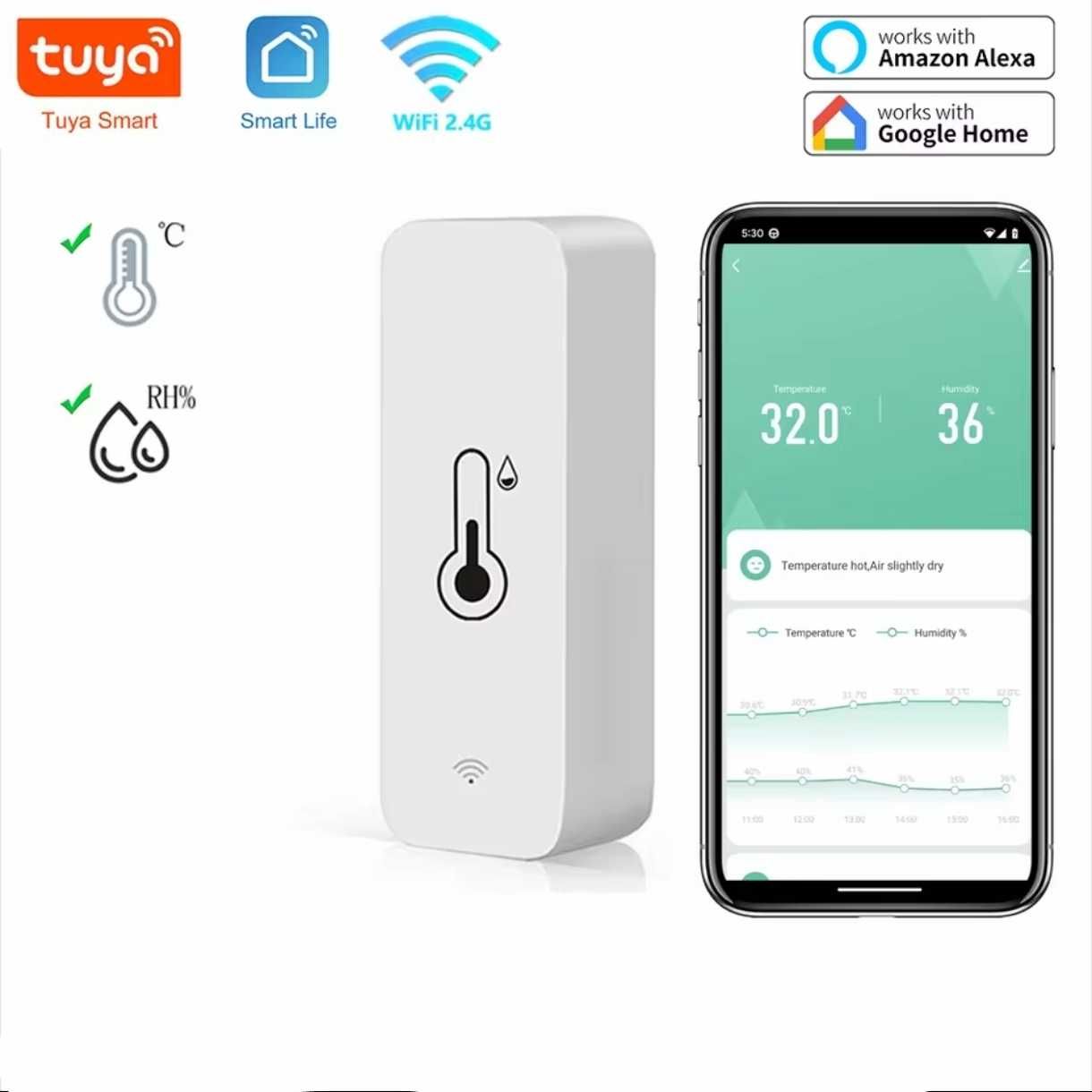 WIFI датчик температури і вологості, гідрометр датчик Tuya Smart Life