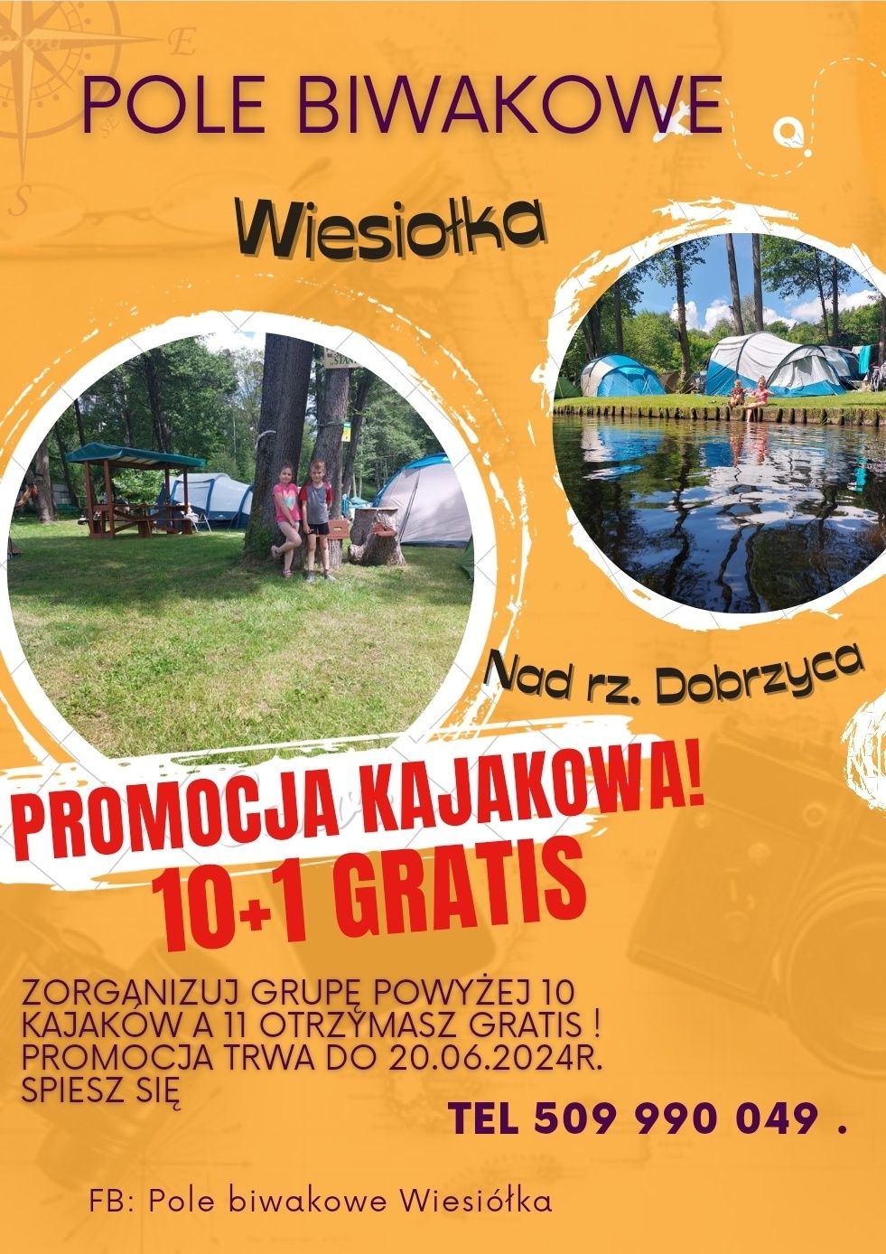 Pole biwakowe Wiesiółka, spływy kajaki Dobrzyca, Piława