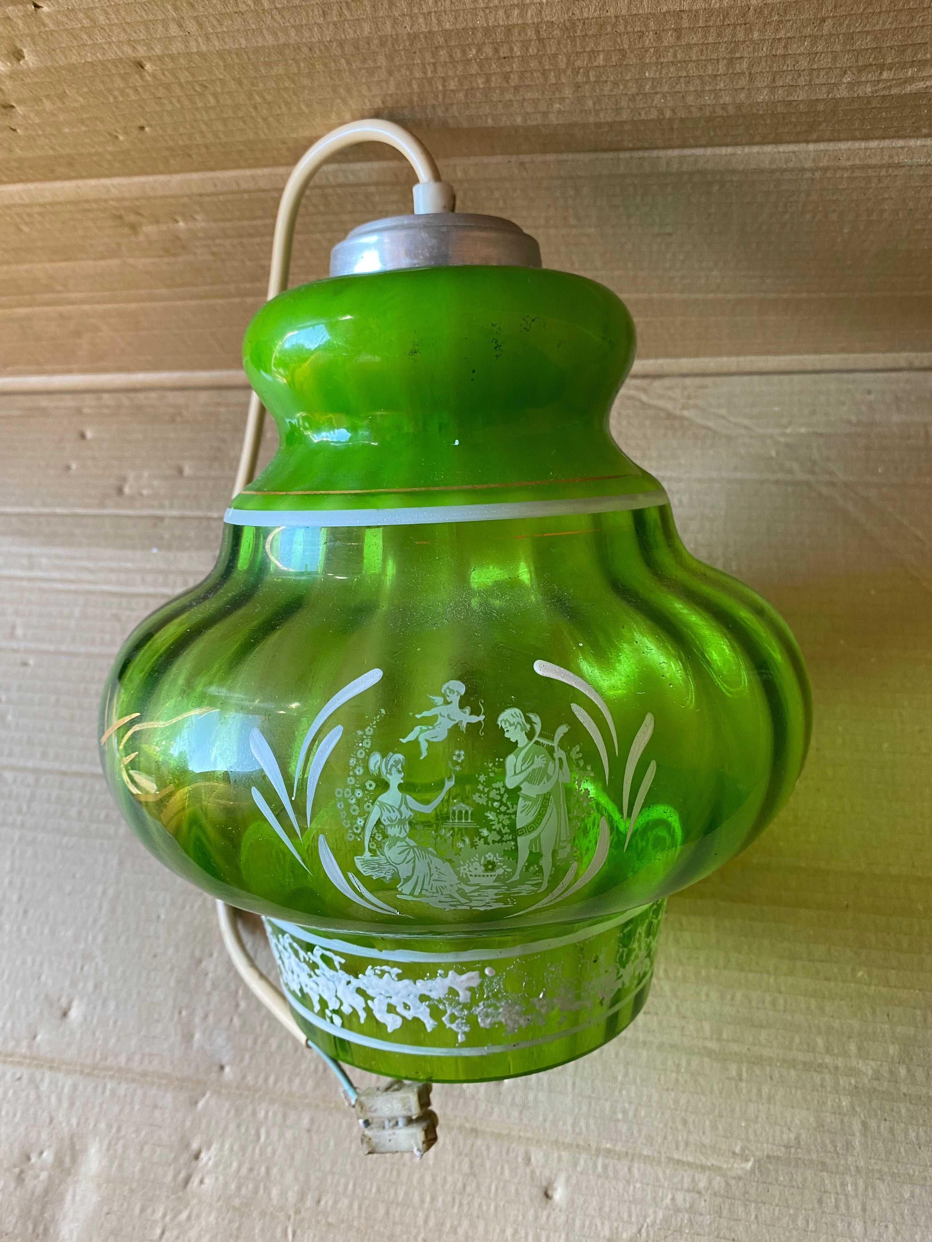 Candeeiro de tecto em vidro verde e pinturas - vintage