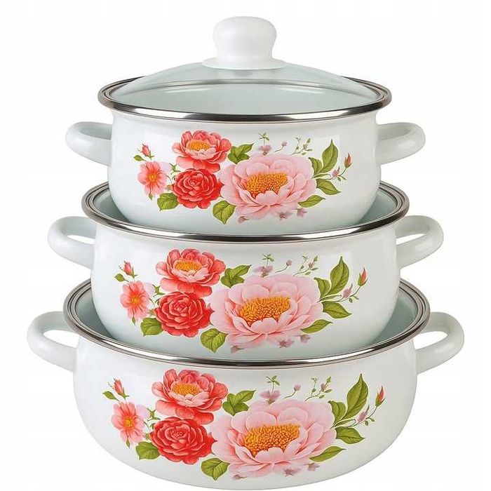 GARNKI EMALIOWANE 6 el 16cm 18 cm 20 cm ZESTAW Komplet Emalia