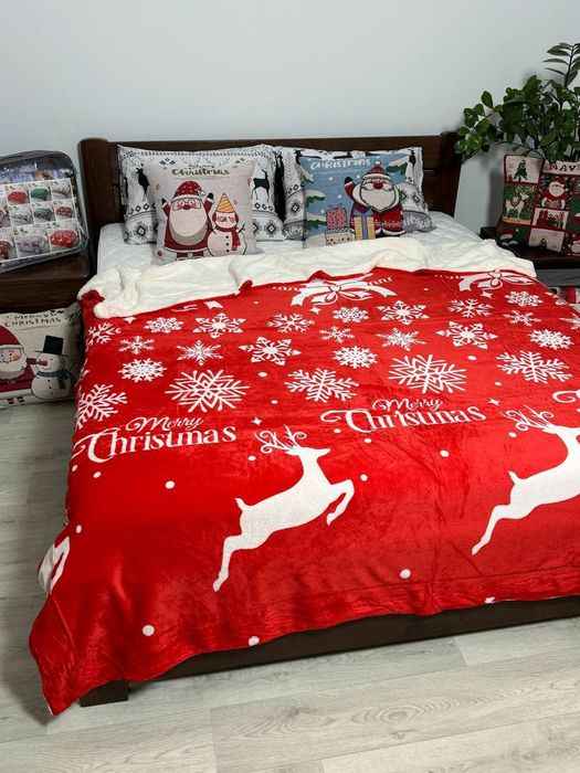 Новорічний плед овчина червоний, зелений олені, санта полуторний,євро