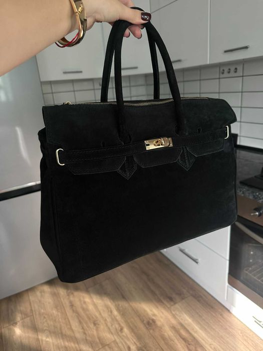 Замшева чорна жіноча сумка, шопер формат а4 натуральний замш