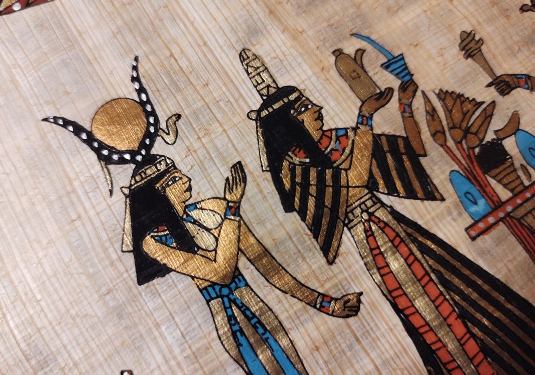 Piękny egipski papirus / Neftyda, Izyda, Mut, Hathor płynące po Nilu