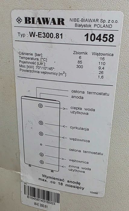 Zbiornik, wymiennik, zasobnik, bojler, CWU, Biawar 300 W E300