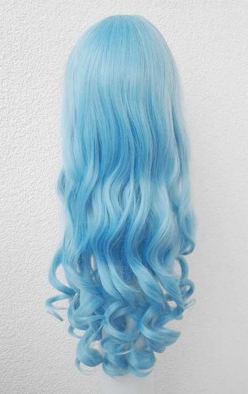 Błękitna lokowana niebieska peruka z kitkami loki grzywką cosplay wig
