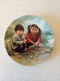 Elegancki Ozdobny Talerz Porcelanowy Dzieci obraz portret Vintage