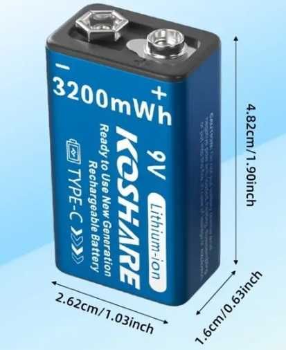 Аккумулятор KOSHARE 9V "Крона" 3200mAh Зарядка от USB-С