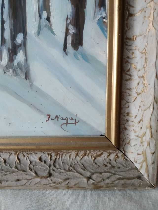 Stary obraz, pejzaż zimowy, OLEJ, T. Nagaj,  w ramie