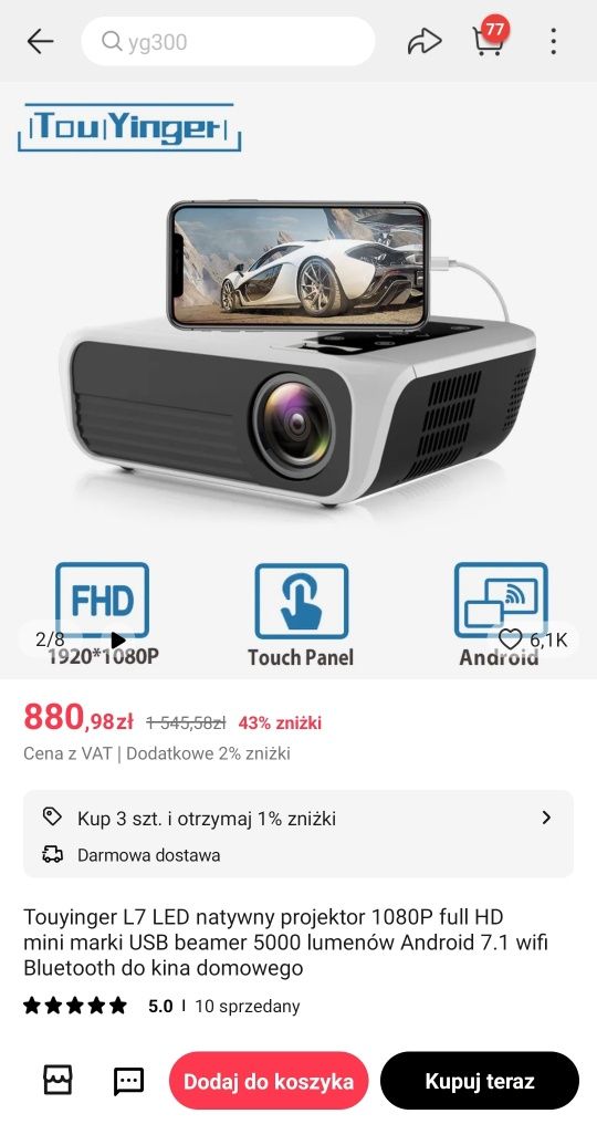 Na komunię Projektor Touyinger L7 1080p Full HD cichy, świetne kolory,