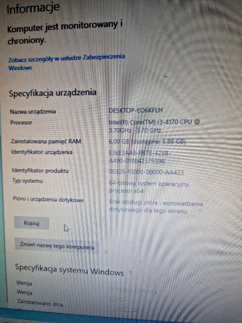 Komputer PC i3-4170, 6GB, SSD256 + HDD500GB, W10, HDMI